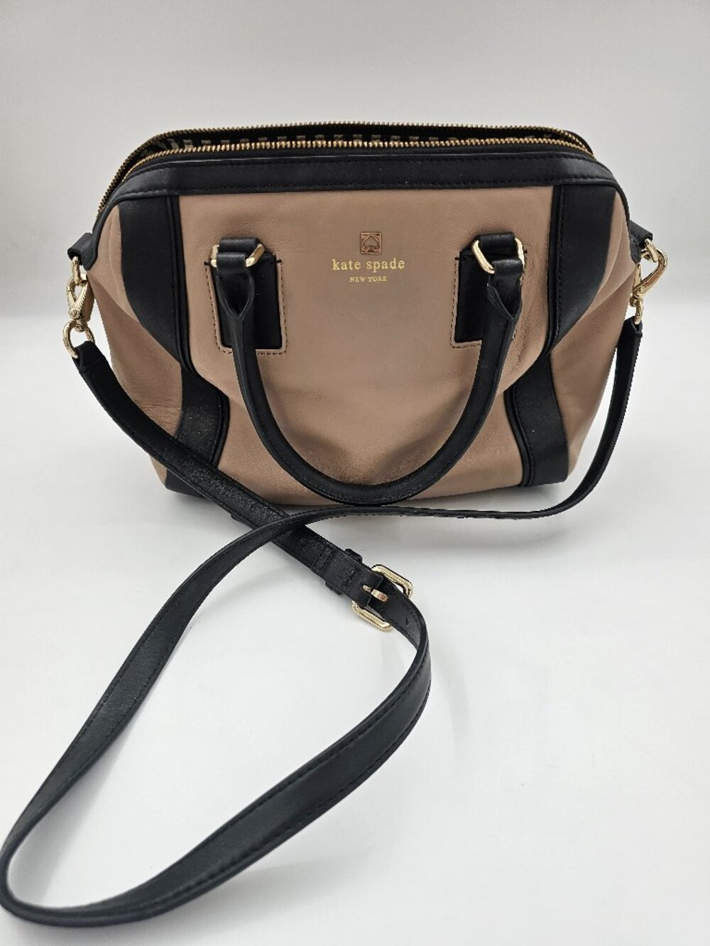 Kate Spade New York Black Tan Colorblock Leather Satchel Bag Purse